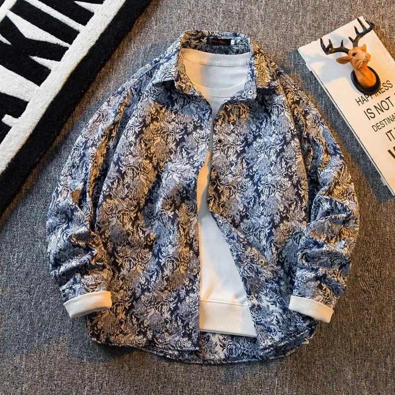 Men\'s Japanese vintage irregular floral high-end shirt men\'s long sleeved men\'s casual shirt jacket men shirts clothing