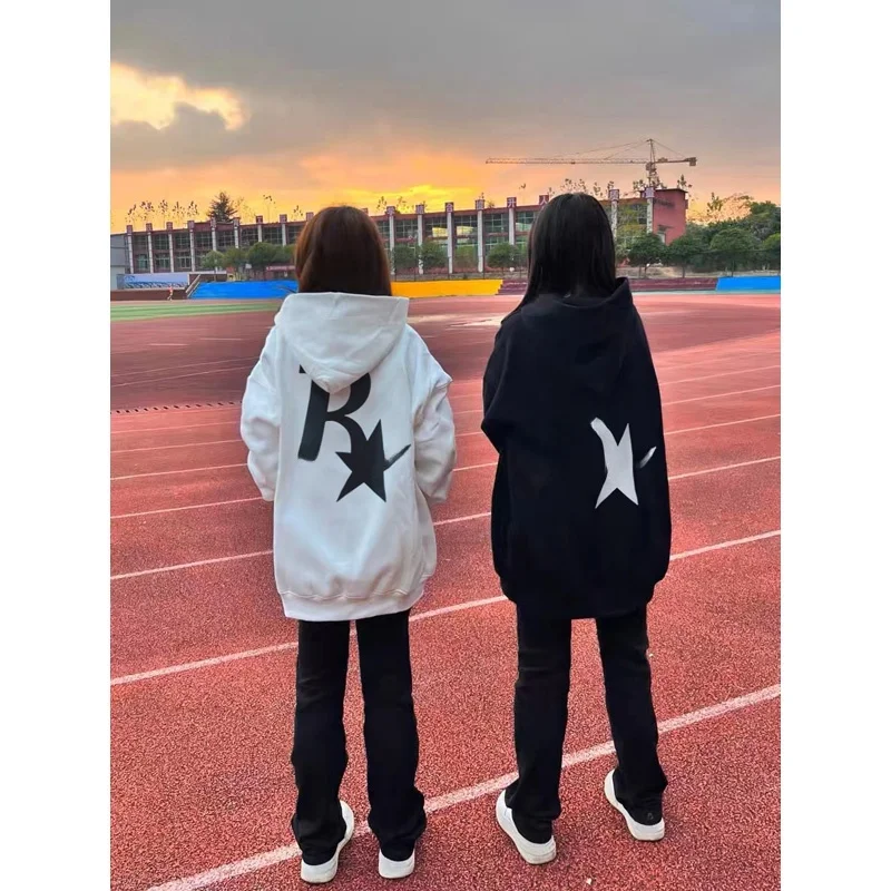 Street Sle Oversize Fce Hoodie Dames Herfst Winter Loose Fit Couple's Lazy Star Print Sweatshirt Casual bovenkleding