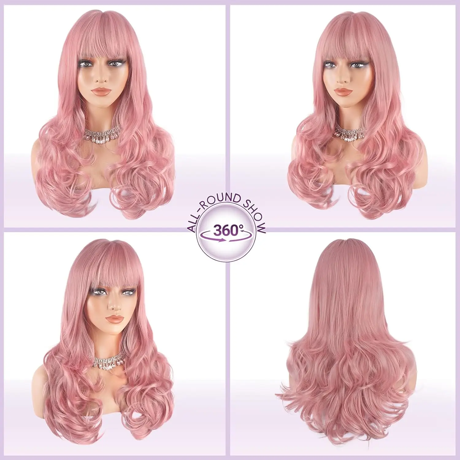 

Pink Wig with Bangs, Long Wavy Layered Hairstyle, Natural-Looking Fluffy Synthetic Fiber Wig Suitable for Women for Daily Wear and Parties, Size 24inch