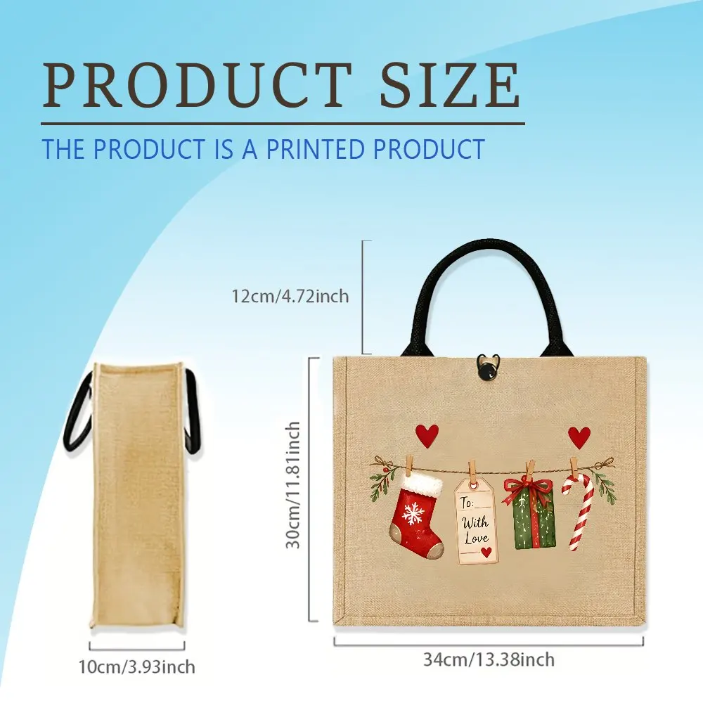 Cute Christmas Hanging Stocking & Candy Cane Jute Tote Bag, Xmas Holly Heart Pattern Shoulder Bag, Casual Daily Shopping Handbag 5