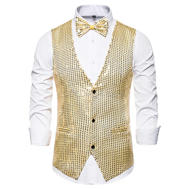 Men Shiny Sequin Vest Bowtie Set Suit Vest for Men Dinner Party Prom Ball V Neck Formal Vest Wedding Party Sleeveless Waistcoat