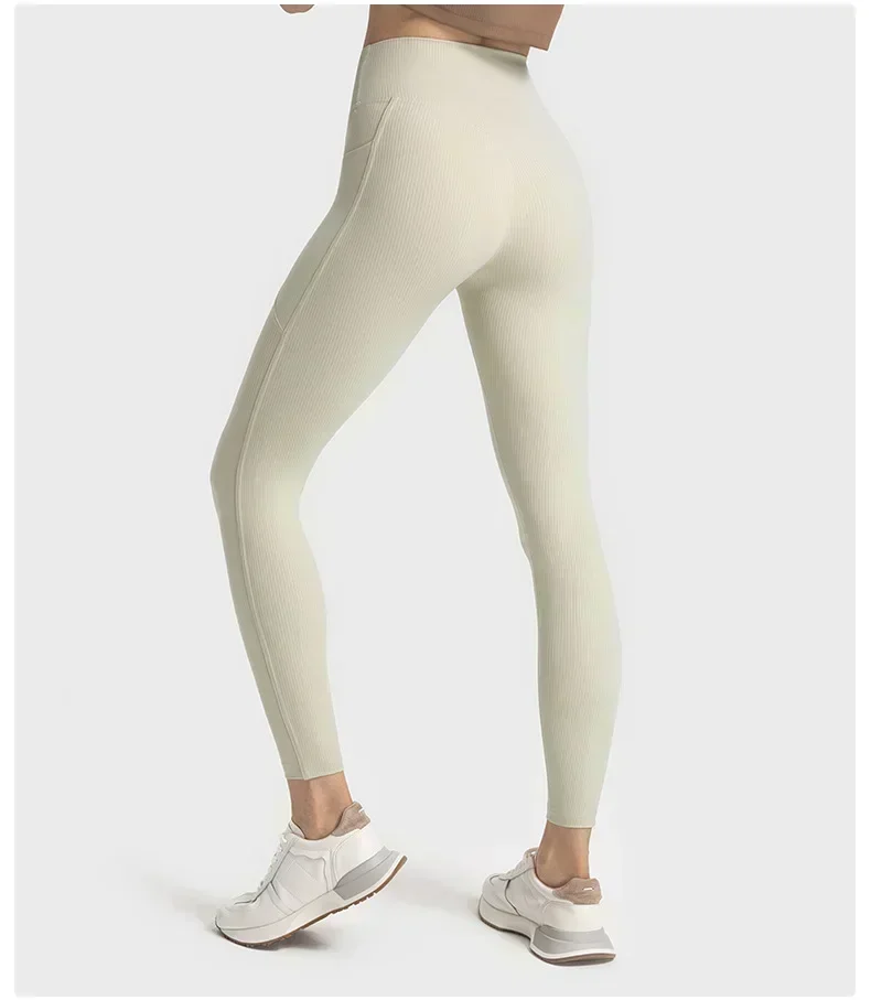 Limão-Leggings de tecido com nervuras de cintura alta feminina com bolsos, calças de ginástica, calças esportivas, ioga, corrida ao ar livre