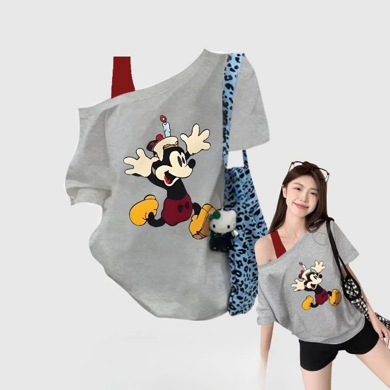 

Pure cotton cartoon Mickey printed fake two-piece off-shoulder short-sleeved T-shirt for women in summer loose fun top wholesale