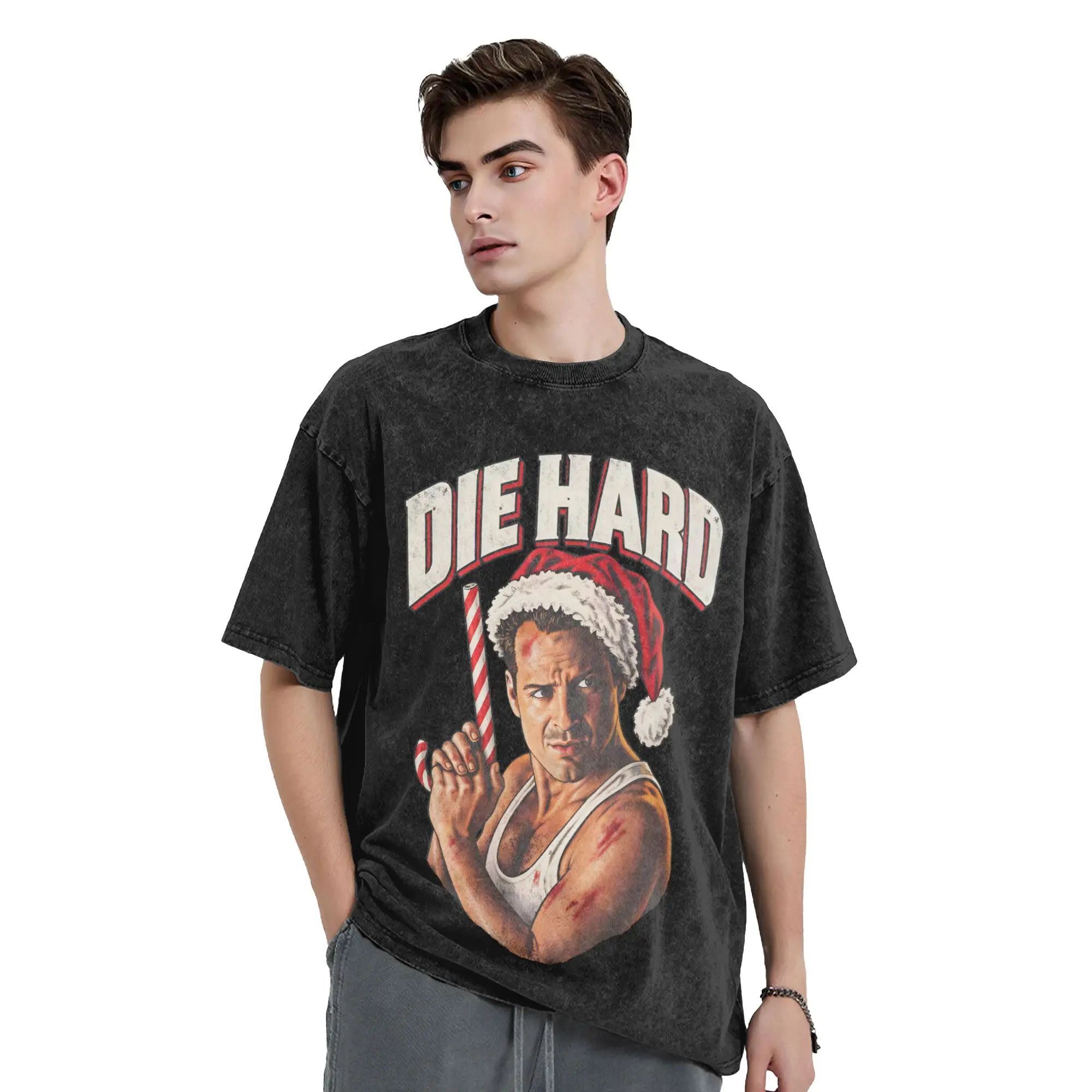 YIPPEE KI YAY  Men T Shirt Washed Die Hard Vintage Tee Shirt Short Sleeve Crew Neck T-Shirt Pure Cotton Printing Tops