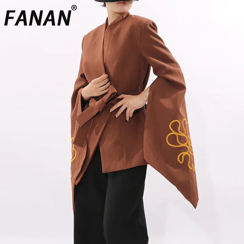 FANAN Elegant Embroidery Design Irregular Blazers For Women V Neck Belt Gathered Waist High End Jackets Female Autumn New