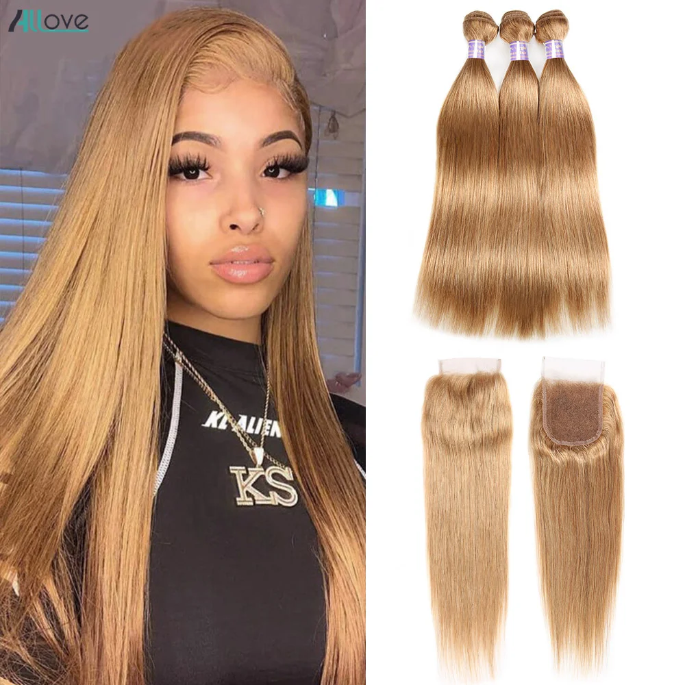 Allove #27 Honey Blonde Bundles With Closure Remy Brazilian Straight Human Hair 3 Bundles With Closure Colored Hair Extensions