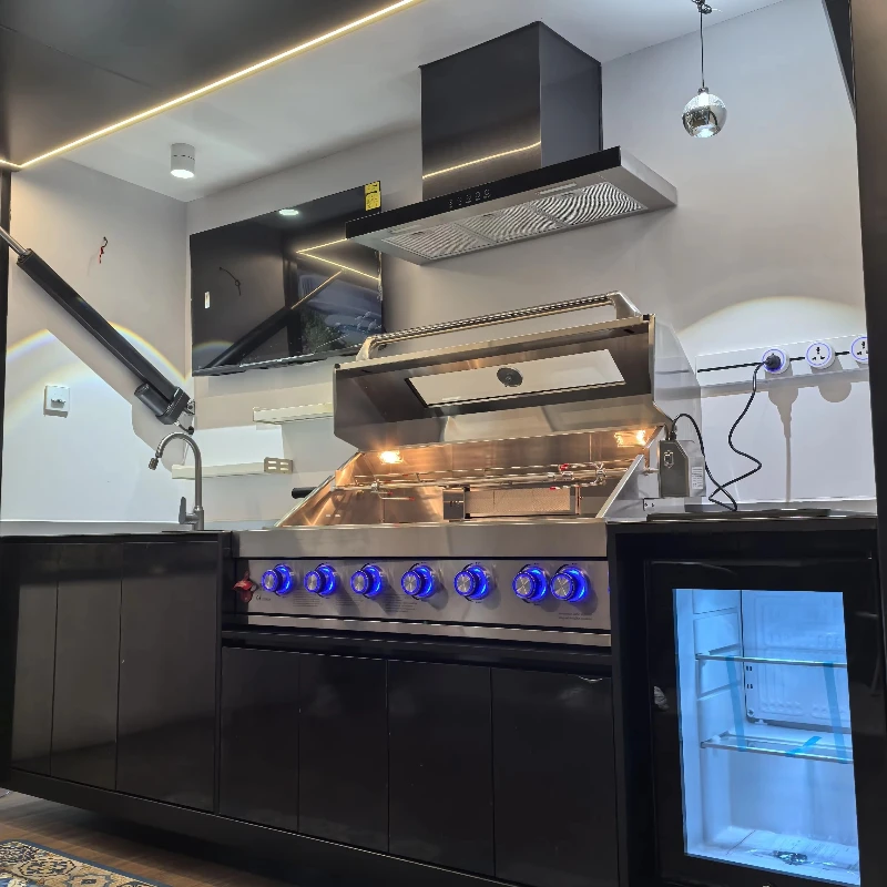 Customized Outdoor Kitchen Complete Set Hydraulic Roof Built-in Beverage Cooler Sink for Luxury Outdoor Kitchen Cabinet