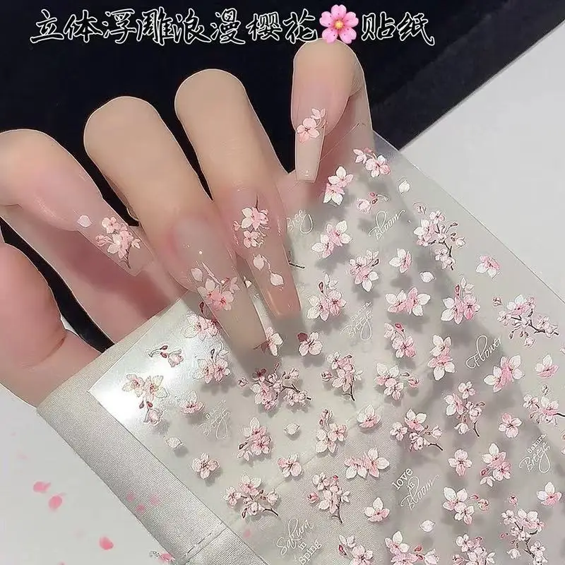 3D Relief Cherry Blossom Nail Stickers Spring Pink Floral Self Adhesive Decals for Manicure DIY