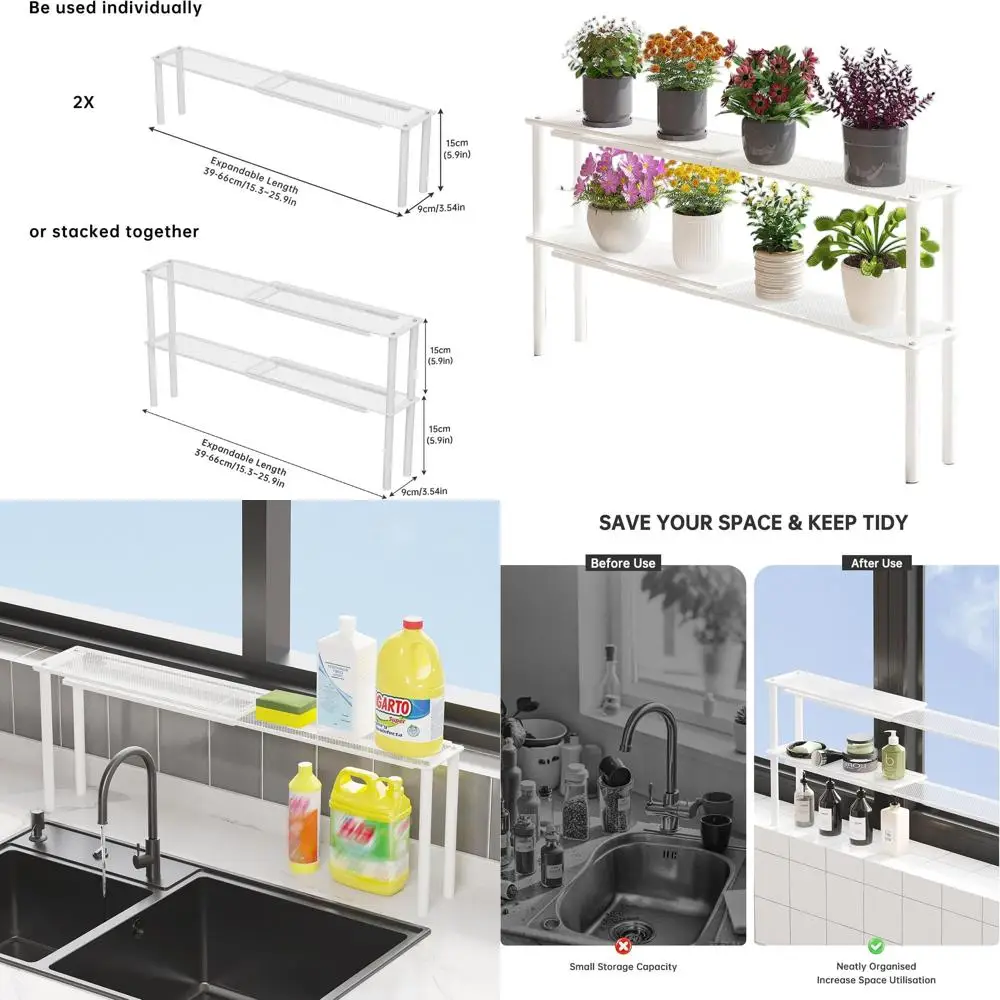 Stackable Mesh Plant Shelves for Kitchen Sink, Expandable Countertop Organizer, 2 White Narrow Holders