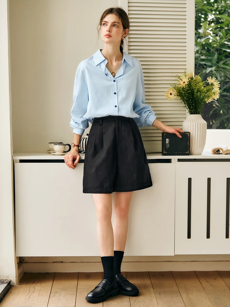 OLrain Womens Casual Shorts 2025 Summer Black Low  Waist Office Lady Solid Color Pockets Folds Ladies Short Pant N57CK92925