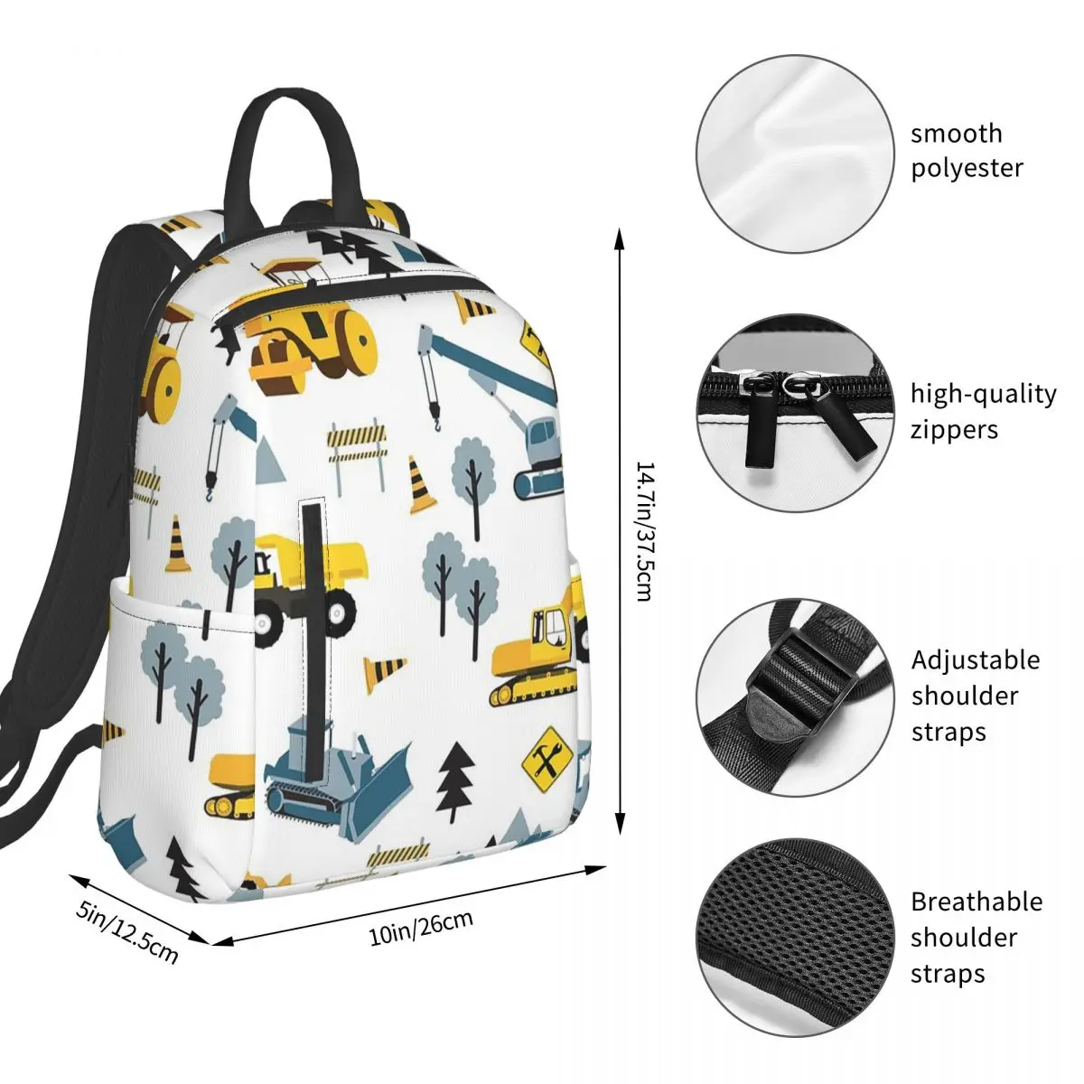 Blue Construction Trucks & Site Theme Pattern Backpack Student BookBag Children School Bag Computer Shoulder Bags Men Women