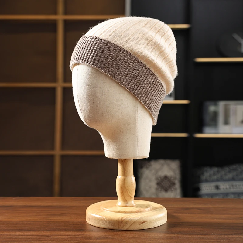 

New Winter Hats For Women/Men 100%Merino Wool Warm Beanie Cap Casual Knitted Hats Unisex Two-Tone Hat Outdoor Windproof Caps