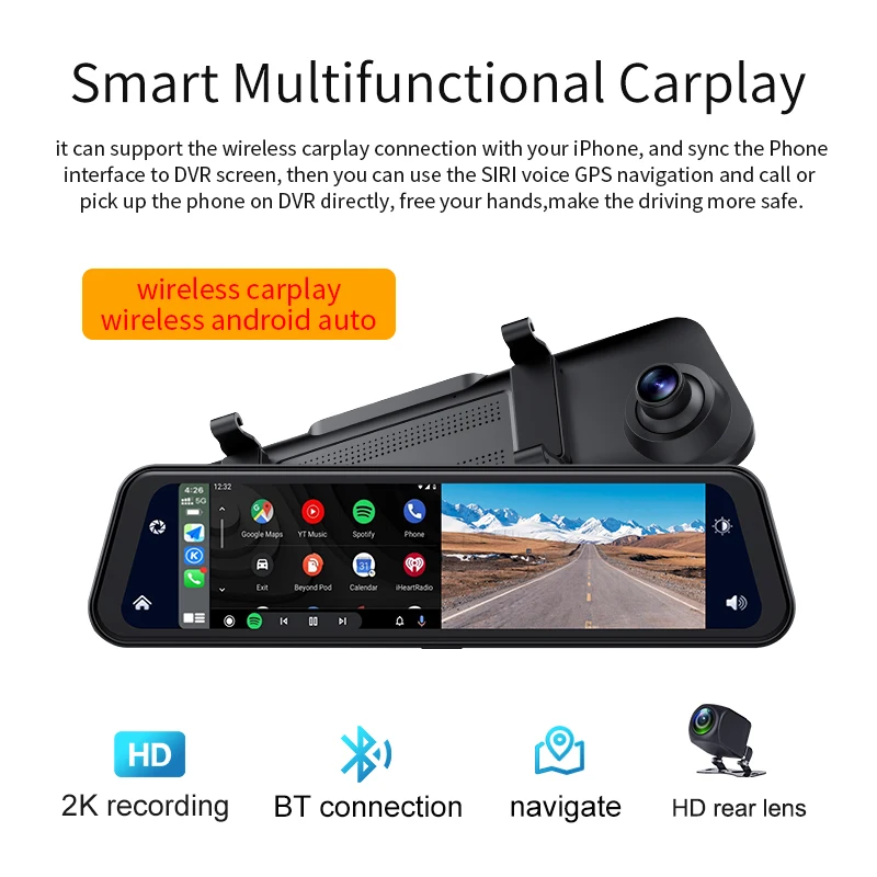 11.8 Inch IPS Car Rearview Mirror Wireless Carplay & Android Auto DVR Camera 2K 1080P Dash Cam Video Recorder WiFi GPS Navigator