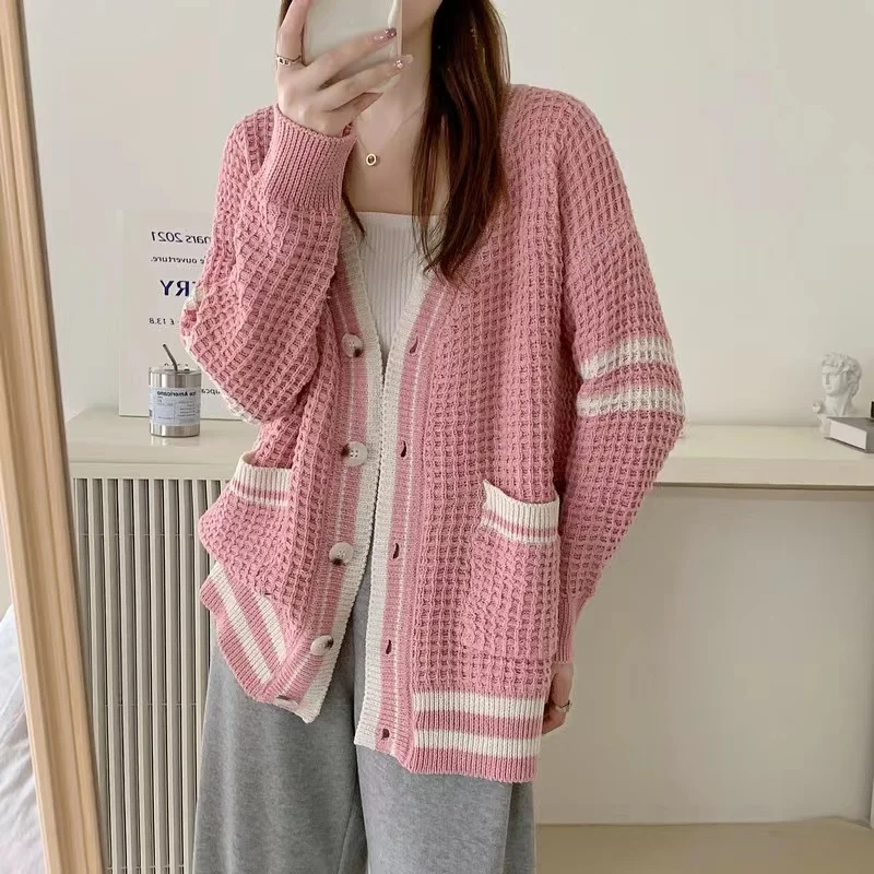 Boring Honey Autumn Winter Checked Cloth Sweater Overcoat Pockets V-Neck T-Shirt Chic Knitting Long Sleeve Sweater Tops Women