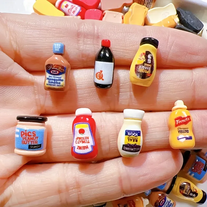 7pcs Realistic Mini Sauce & Condiment Resin Models - Cute DIY Dollhouse Decor Accessories, Includes Ketchup, Mustard, Mayonnaise