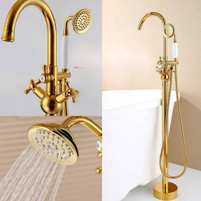 Full copper gold hot and cold floor-to-ceiling bathtub faucet
