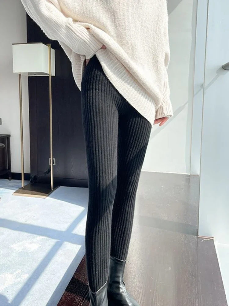 

Black High Waist Knitted Leggings Vertical Stripes Slim Fit Warm Wool Pants Elastic Waist for Women Spring New Style Leggings