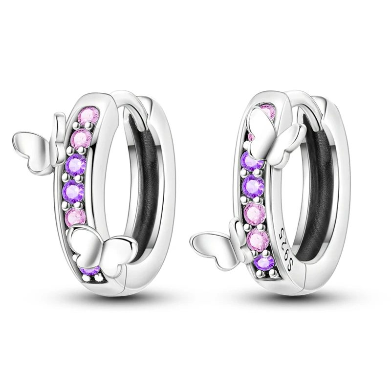 

925 Sterling Silver Earrings Women Sparkling Pink and Purple Butterfly Hoop Earring For Anniversary Wedding Jewelry Gifts