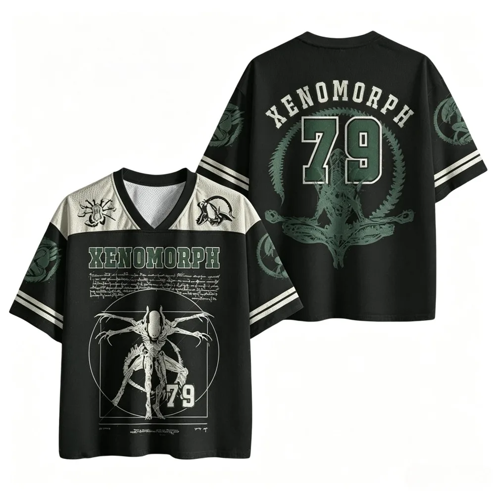 2026 Summer V Neck Football Jersey Vintage Sci-Fi Alien Creature Blueprint Number 79 Print Striped Sleeve Loose Sport Tee