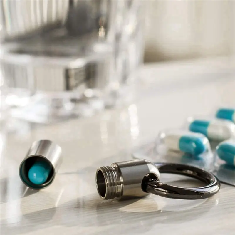 Beauty 2PCS Pill Box Keychain Waterproof Stainless Steel Pill Box Container Keychain Pill Box