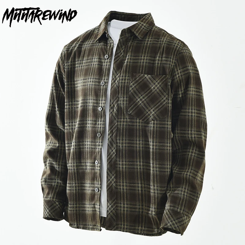 

New Autumn Winter Mens Shirts Japanese Vintage Long Sleeve Plaid Shirts for Man Daily Casual Pocket Lapel Button Shirt Jacket