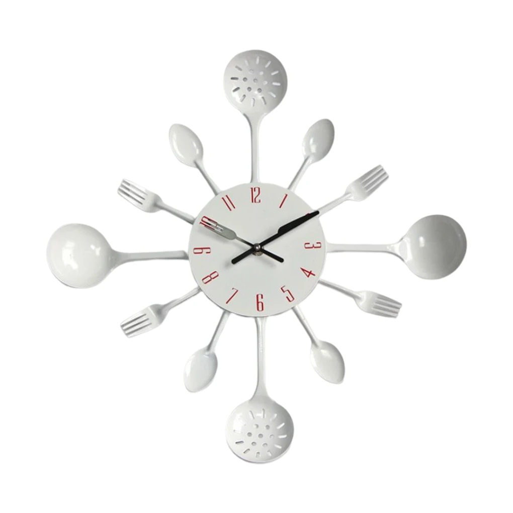 Cutlery Kitchen Iron Wall Clock 3D Spoon Cookware Quartz Home Decor