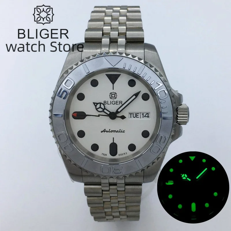 

40mm BLIGER Japan NH36A Date Week Display Automatic Watch for Men White Dial Black Index Green Luminous Silver Jubilee bracelet