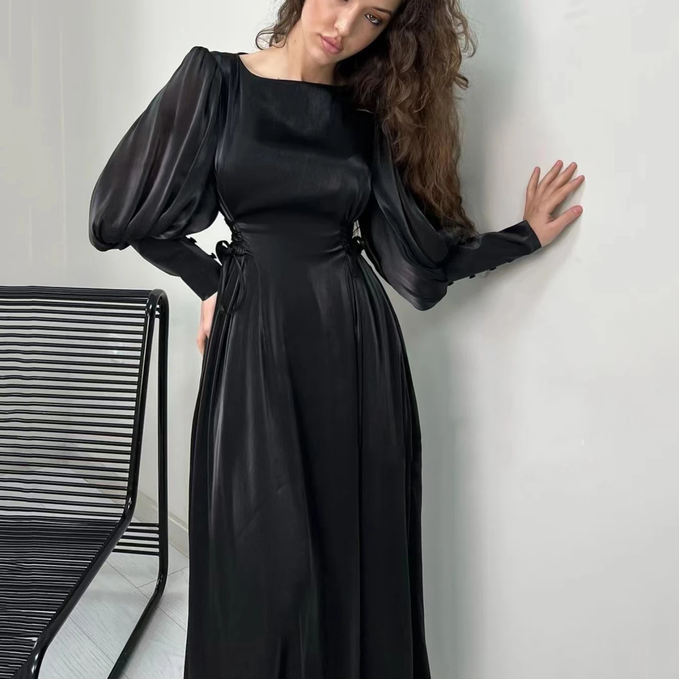 Robe de soirée en mousseline de soie blanche à manches longues pour femmes, robe de soirée formelle, longue ligne A, Rh