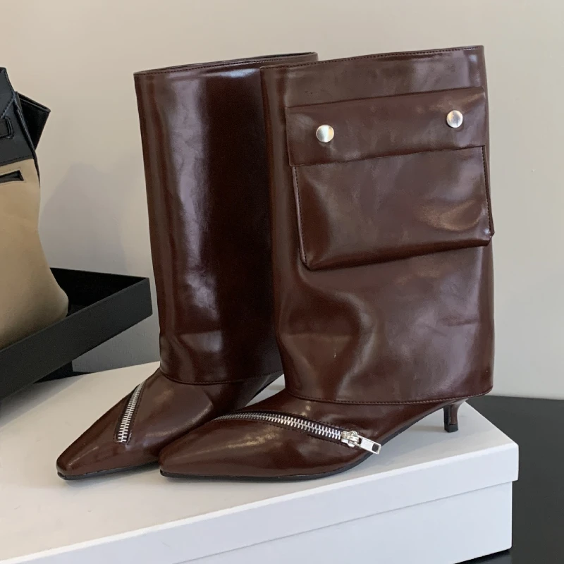 

Брендовые дизайнерские женские ботинки на высоком каблуке, пикантные мотоциклетные ботинки с острым носком на молнии, модные осенне-зимние ботинки, женские Botas Mujer