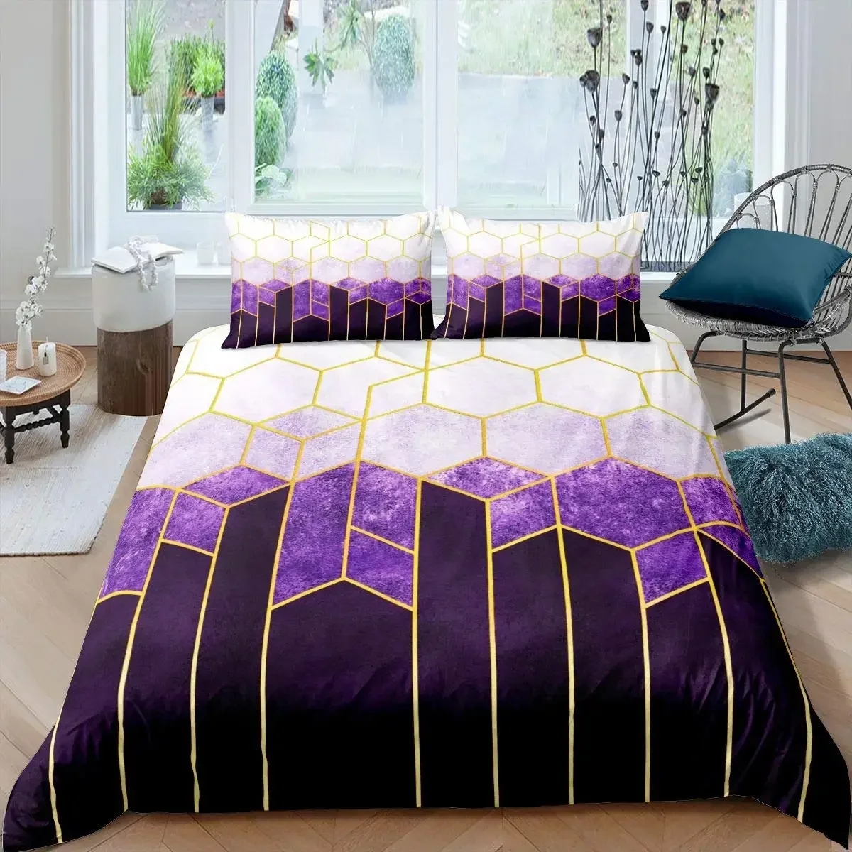 Hexagonal Duvet Cover Set Honeycomb Marble Comforter Cover Set Beehive Hexagon Tie Dye King Size Geometric Diamond Bedding Set