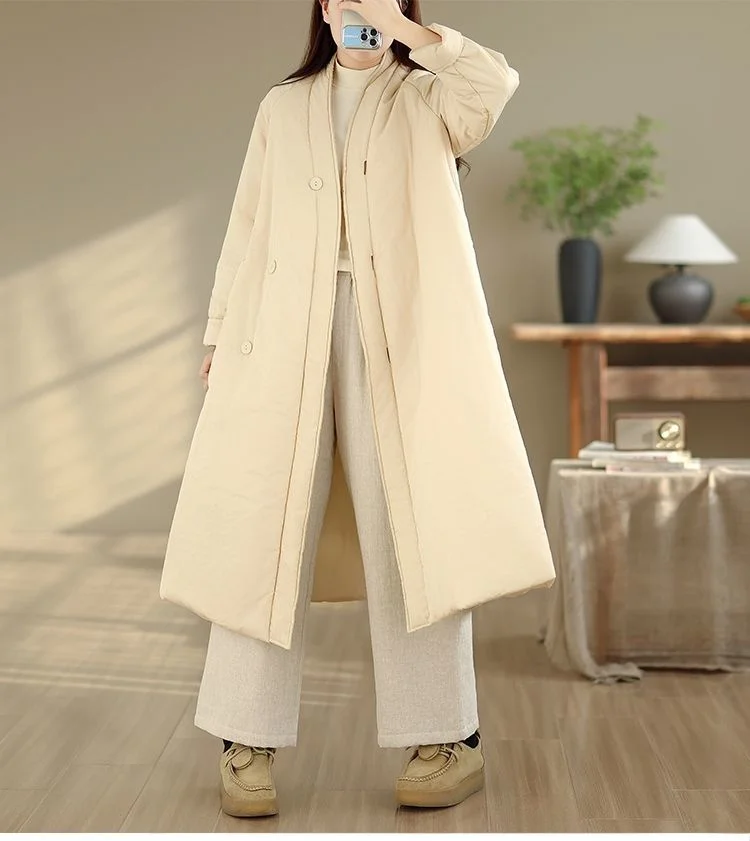 Retro Leisure Hanfu Cotton Jacket Women Simple And Loose, Warm Slanted Collar, Thick Medium And Long Padded Coat Robe W1461