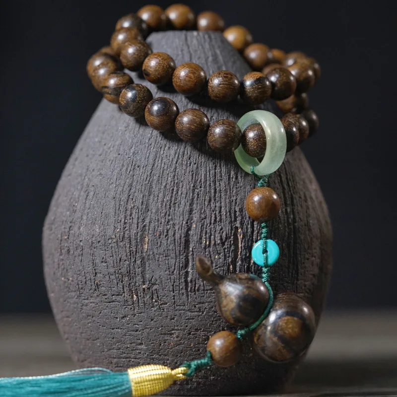Agarwood 10mm Handheld Carved Gourd Beads Double Layer Creative Buddhist Rosary Bracelet Car Hanger