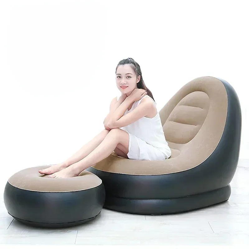 Sofá perezoso, sofá cama inflable plegable reclinable para exteriores con estribos, combinación cómoda, sofá de terciopelo flocado