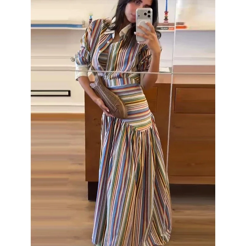 Fashion Colorful Stripe Two Piece Set Women Lapel Single-breasted Full Sleeve Shirt Pleated A-line Long Skirts Vacation Outfits