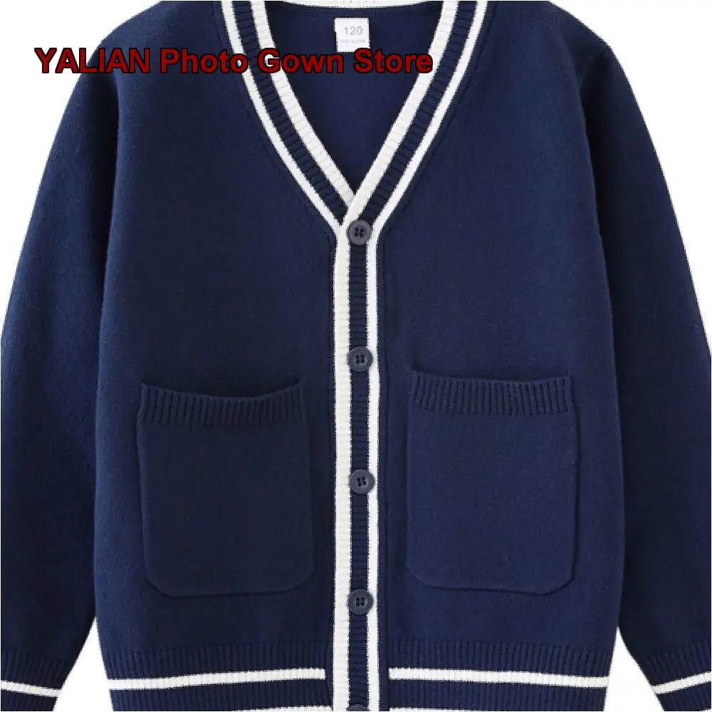 Ozon Contrast Color Parent-Child Outfit Pocket V-Neck Older Kids Knit School Uniform Boys Girls Coat