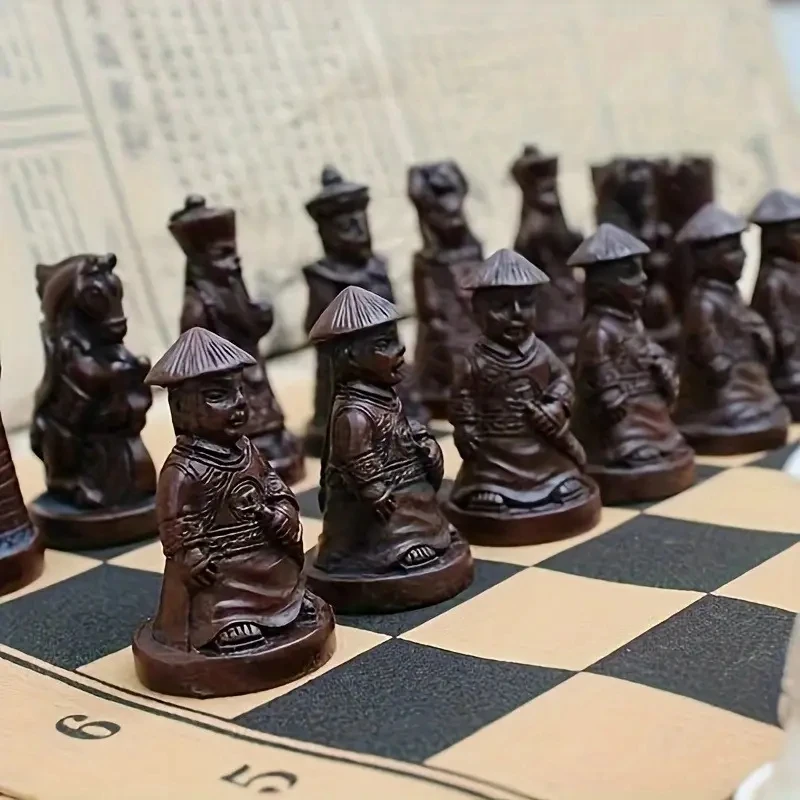 Retro Chess Small Resin Chess Board 28cm/11inch Qing Dynasty Chess Three Dimensional Character Design Entertainment Game
