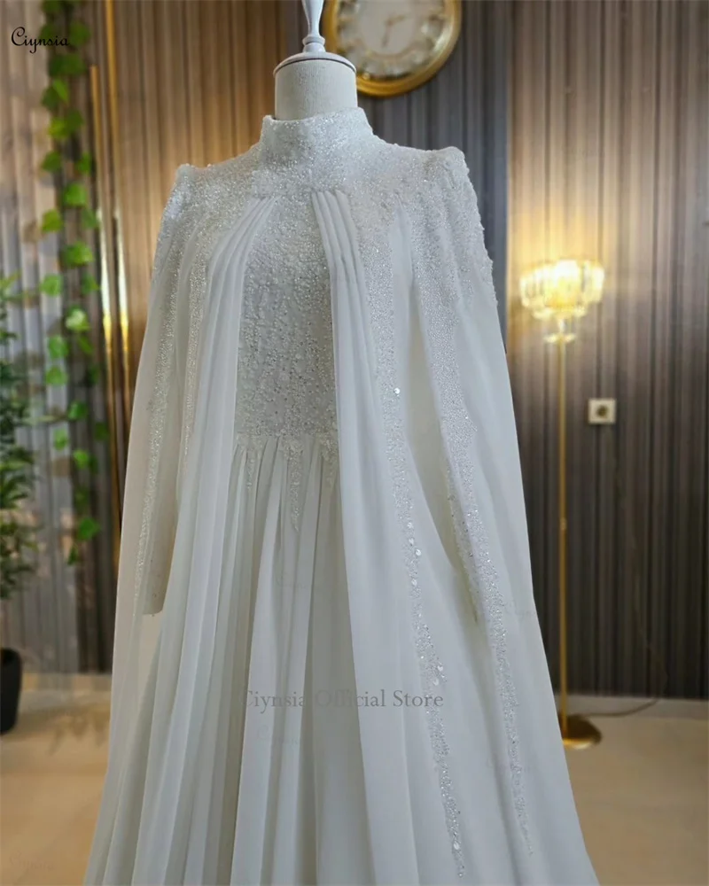 Ciynsia Chiffon Beading Long Sleeve Muslim Wedding Dress for Bride High Neck Hijab Islamic Bridal Gowns Arabic Vestidos De Novia