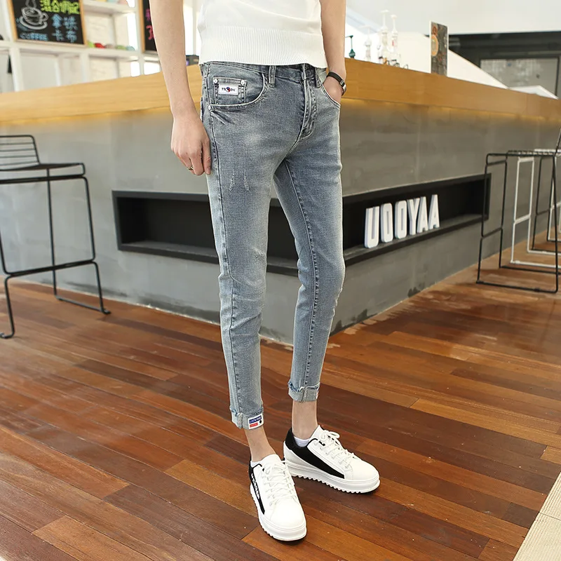 Wholesale 2022 Fashion Spiritual Guy Skinny Denim Pants Trendy Male Korean Social Ruffian Handsome Fairy Feet Ankle Length Pants