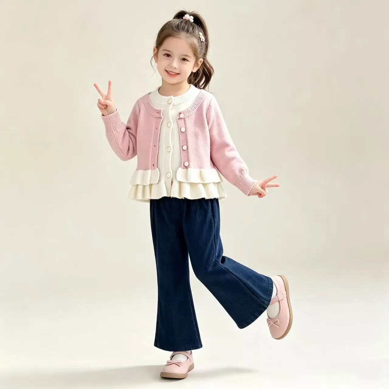 Girl's Fake Two-piece Lace Autumn/winter 2026 New Item for Baby Girls Korean Solid Color Knitted Jacket Jeans