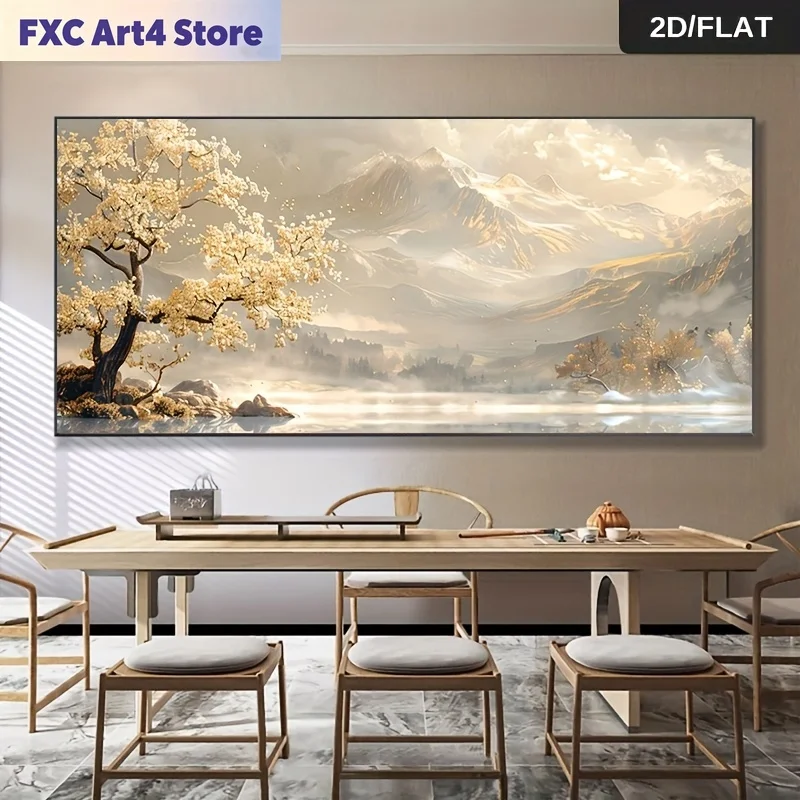 Frameless 2D Flat,Frameless Modern Abstract Printing Golden Tree and Mountain Canvas Painting,Large Size,Elegant Living Room,Bed