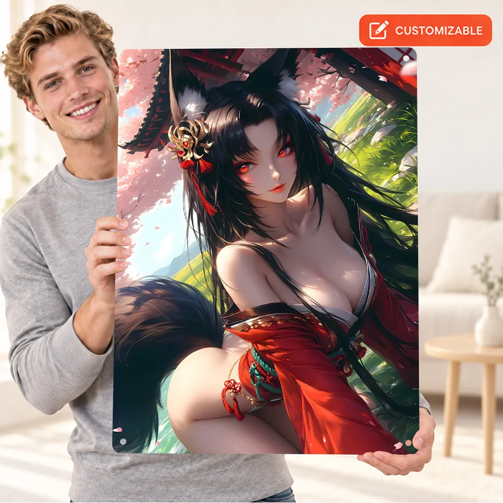Anime Fox Girl In Red Kimono Printed Poster Personalized Aluminum Metal Sign Digital Painting Wall Art For Entertainment Room