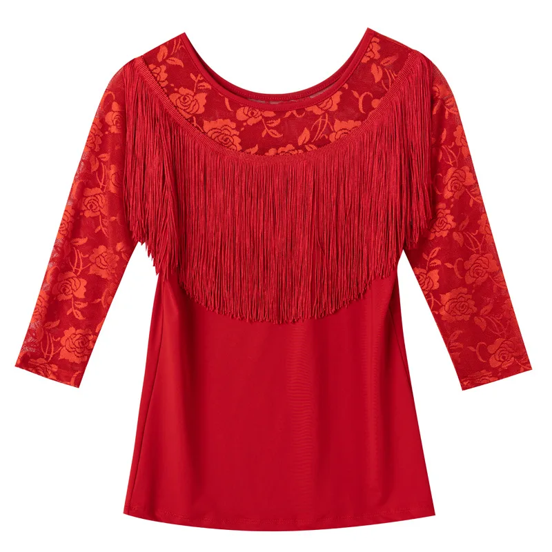 Chemise de danse latine à manches en dentelle pour femmes, couleur noire, frange moderne, manches moyennes 303, salle de Rhsexy, samba, tango, phtalmédicaments