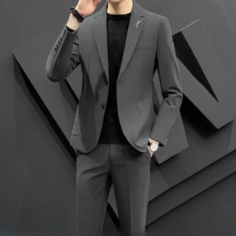 Full Suit for Men Korean Formal 2 Piece Outfit Set Man Groom Wedding Blazer Dress Gentleman Clothes Elegant Ceremony Luxury