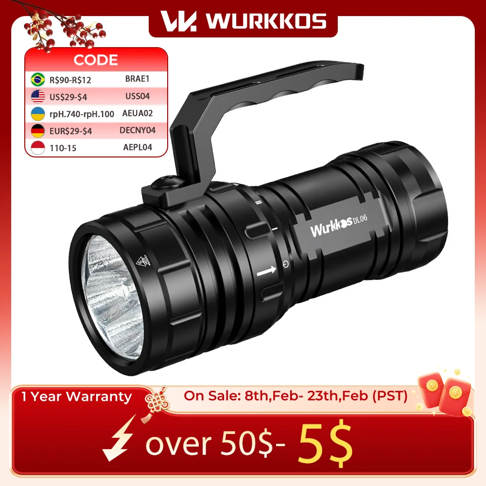 

Профессиональный подводный фонарь Wurkkos DL06, класс защиты IPX8, 3 аккумулятора 21700, сверхъяркий, 15 000 люмен, USB-зарядка с обратной зарядкой