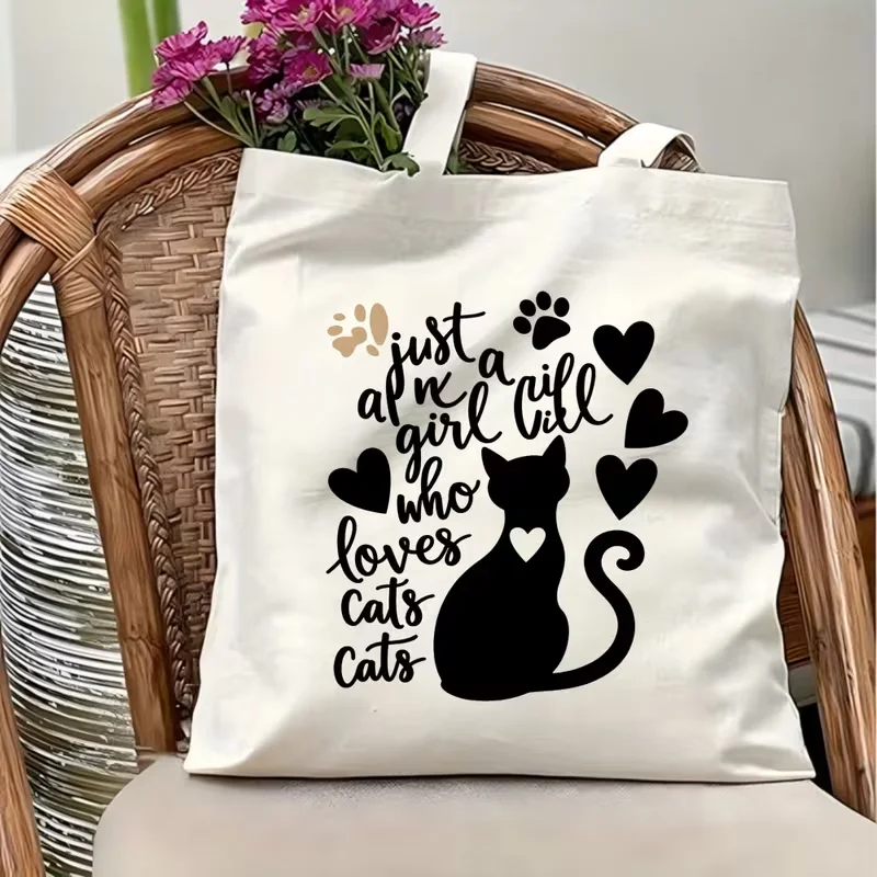 Just A Girl Who Loves Cats Black Cat Paw Heart Print Canvas Tote Bag Reusable Shoulder Handbag Cat Lover Shopping Bag