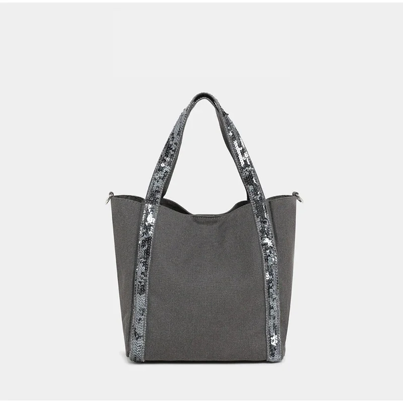 Pailletten-Canvas-Einkaufstasche mit Reißverschluss, große Kapazität, Vintage-Kontrastfarbe, Damen-Umhängetasche, Designer-Pendler-Alltagshandtasche, Schwarz – Detail 24