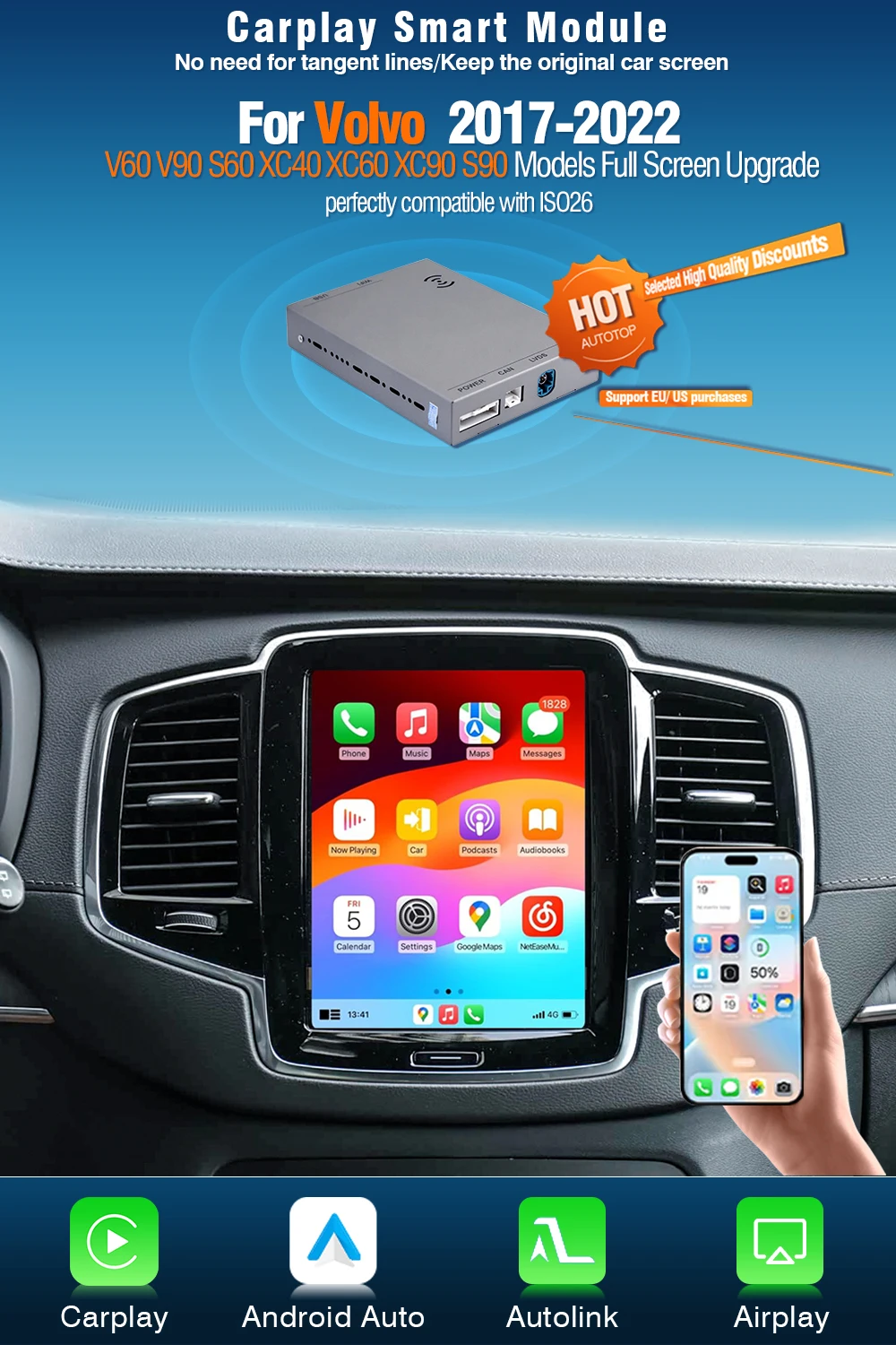 AUTOTOP Android Auto Interface-Adapter für Volvo V60 V90 S60 XC40 XC60 XC90 S90 2017-2022 Vollbild Drahtlose CarPlay Box – Detail 6