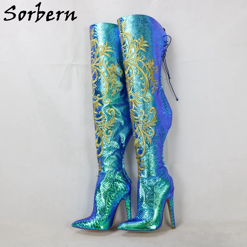 

Sorbern Blue Green Snake Embroidery Pointed Toe High Heel Stilettos Lace Up Multi Colors Fetish Shoes Custom Leg Size