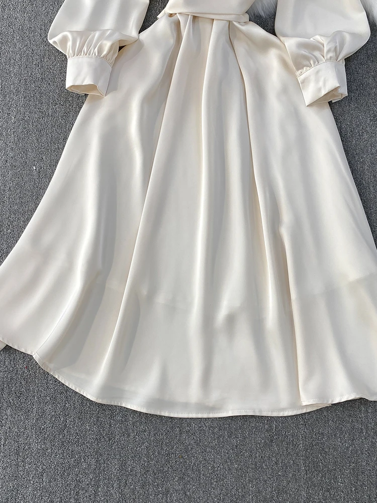 Lente Herfst Nieuwe Lange Mouwen Satijn Socialite Jurk Vrouwen Abrikoos Kleur Taille Cinched Elegante Parel O-hals Feestjurk S331