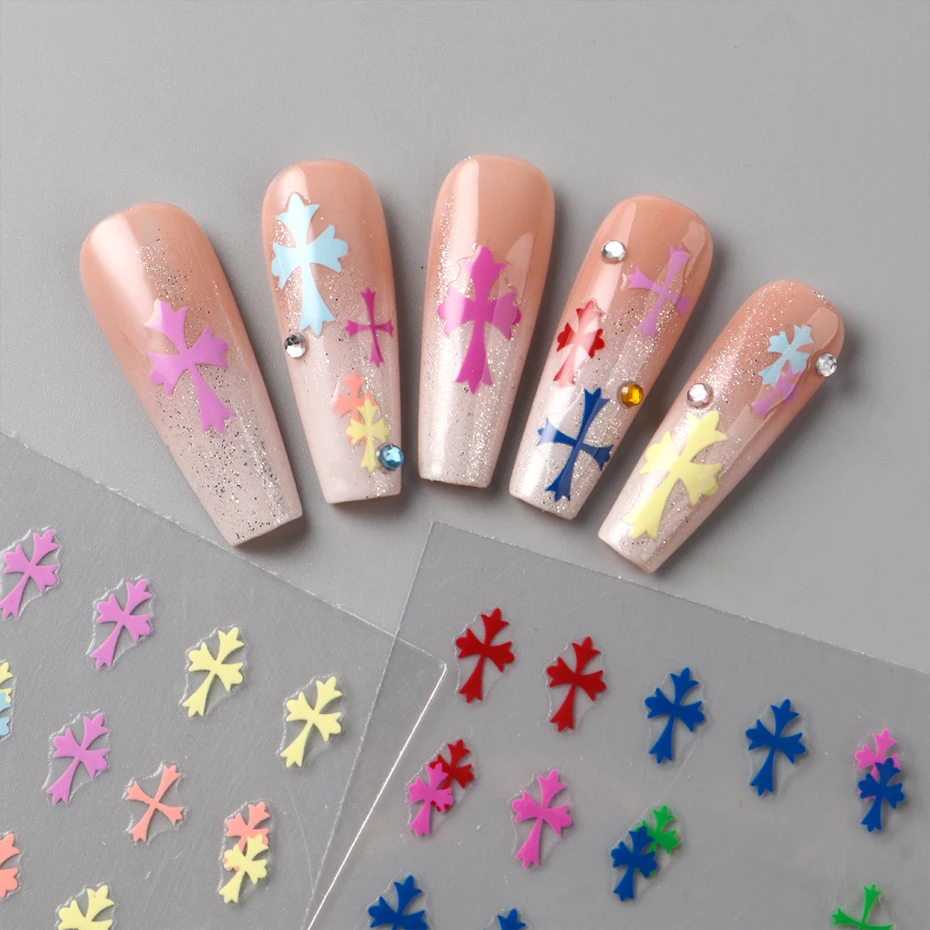 Autocollants 3D à motif de croix coloré pour Nail Art, 2 pièces, décalcomanies de conception de couleurs vives, curseur de manucure, Gel adhésif, décoration pour Nail Art